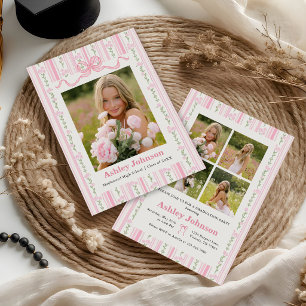 Convites Foto de Formatura com Laço Rosa Listras Vintage
