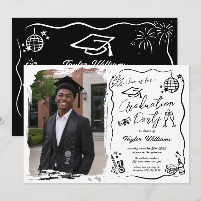 Convites Foto de Formatura com Rabiscos Excêntricos Desenha (Frente/Verso)