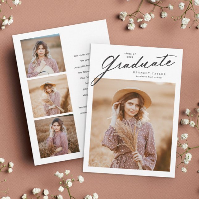 Convites Foto de Formatura com Script de Graduado Elegante (Simple script black and white 4 photo graduation invitation announcement.)