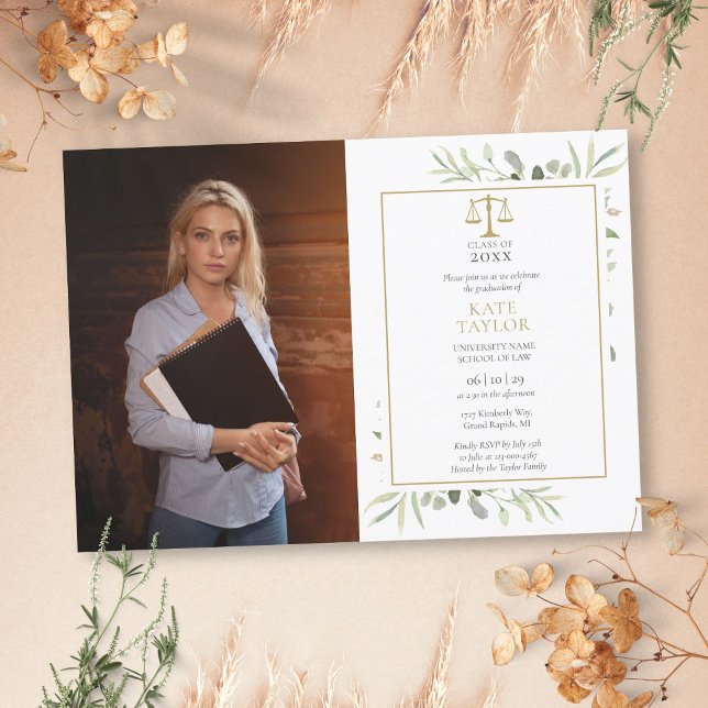 Convites Foto de formatura da faculdade de direito Elegant  (Elegant Greenery Law School Graduation Photo Invitation)