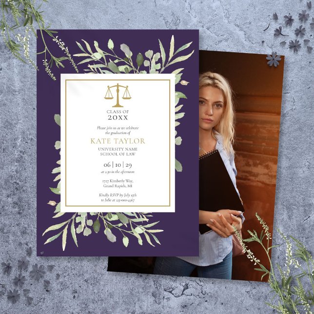 Convites Foto de Formatura da Faculdade de Direito Purple G (Purple Greenery Law School Graduation Photo Invitation)