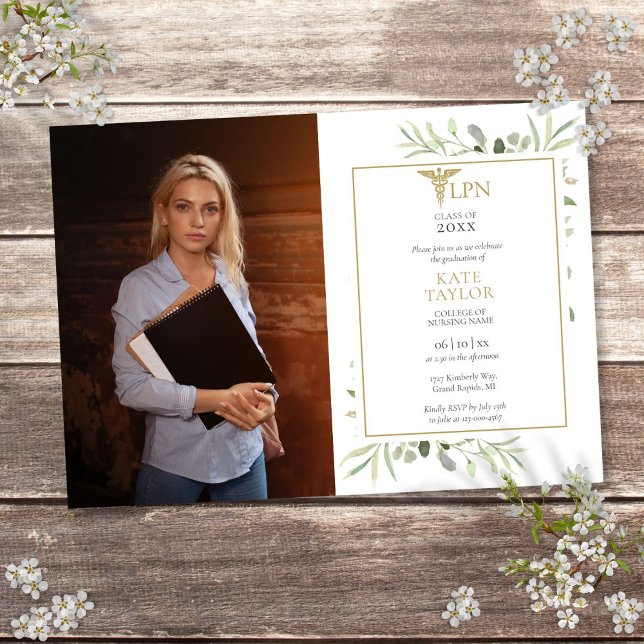 Convites Foto de Formatura de Enfermagem LPN com Verdura (LPN Nursing Graduation Greenery Photo Invitation)