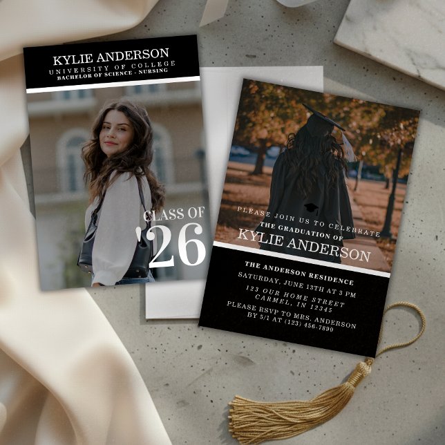 Convites Foto de formatura de faculdade preta moderna para  (Modern Black College Graduation Senior Photo Invitation)