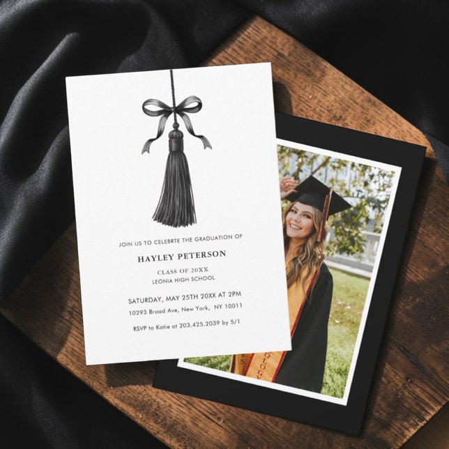 Convites Foto de Formatura Moderna com Laço Preto e Borla (Criador carregado)