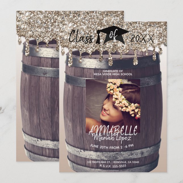 Convites Foto de formatura moderna e rústica com brilho dou (Frente/Verso)