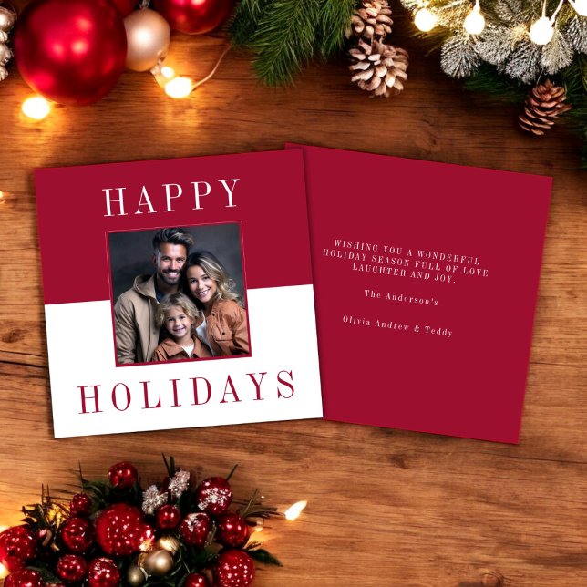 Convites Foto de fotografia feliz mínima moderna (modern red and white festive christmas card , fully editable and instant download available)