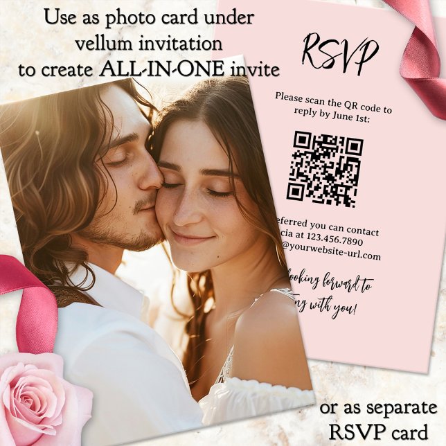 Convites Foto de fundo de Vellum All in One Wedding (Photo background with RSVP and QR code for vellum wedding invitation - all-in-one wedding invitation)
