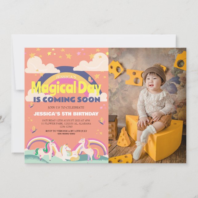 Convites Foto de Garota Simples e Cuta Menina Unicórnio Pri (Frente)