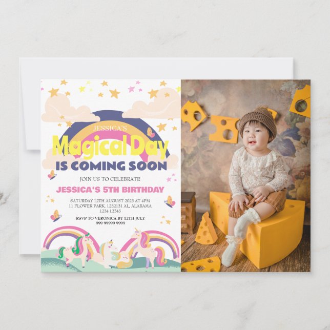 Convites Foto de Garota Simples e Cuta Menina Unicórnio Pri (Frente)