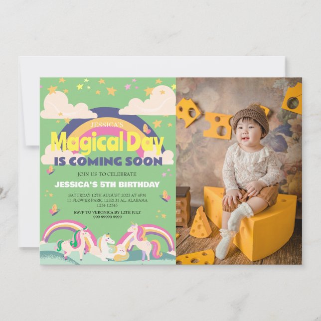 Convites Foto de Garota Simples e Cuta Menina Unicórnio Pri (Frente)