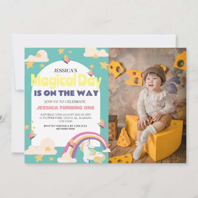 Convites Foto de Garota Simples e Cuta Menina Unicórnio Pri (Frente)