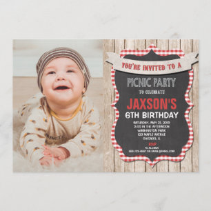 Convites Foto de gingham branca vermelha de aniversário da 