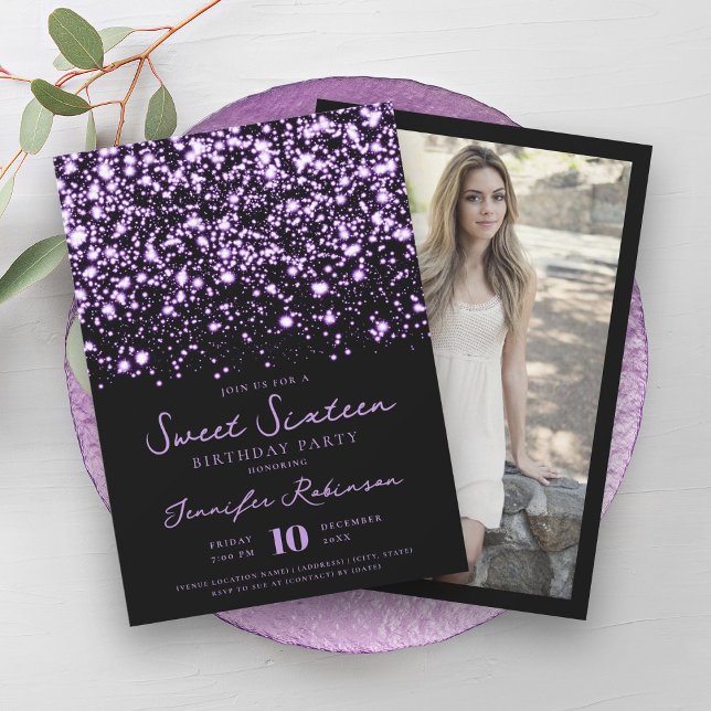 Convites Foto de Glam Purple Midnight Elegante Sweet 16 (Elegant Purple Midnight Glam Photo Sweet 16 Invitation)