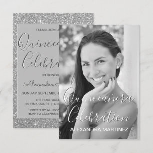 Convites Foto de Glitter Silver - Celebração de Quinceane