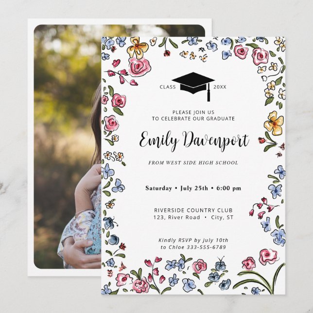 Convites Foto de gradação de flores desenhadas à mão no ver (Frente/Verso)