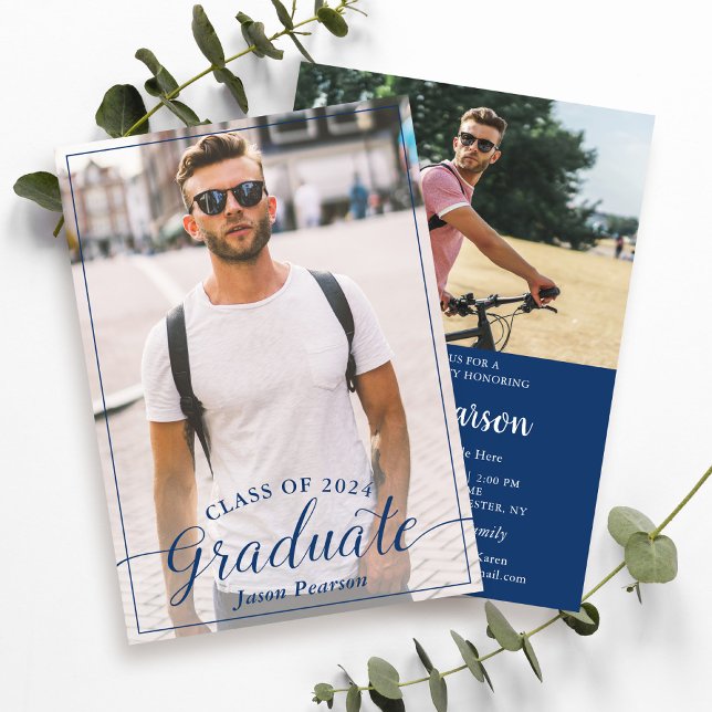 Convites Foto de Graduação Azul do Marinho de Script Modern (Criador carregado)