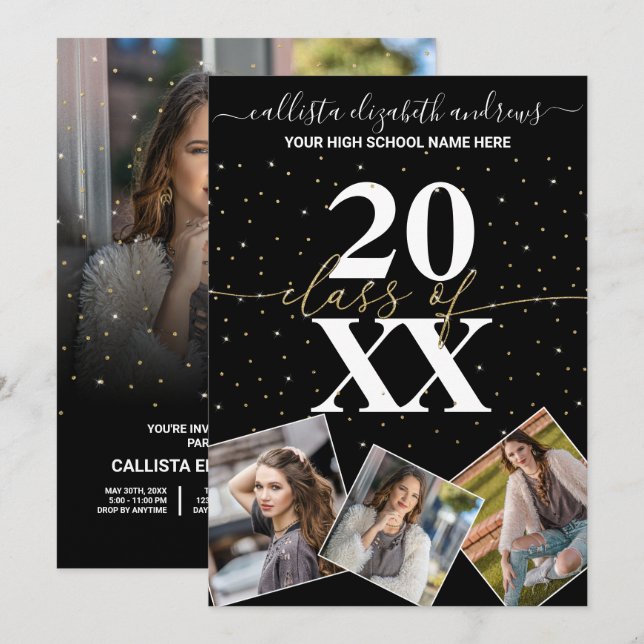 Convites Foto de Graduação da Classe Glitter Confetti Doura (Frente/Verso)