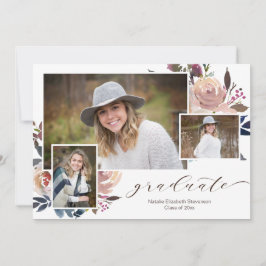 Convites Foto de Graduação de Caligrafia Floral Rosa
