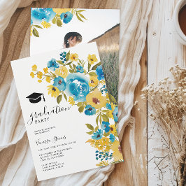 Convites Foto de Graduação de Flores Selvagem Amarelo Azul