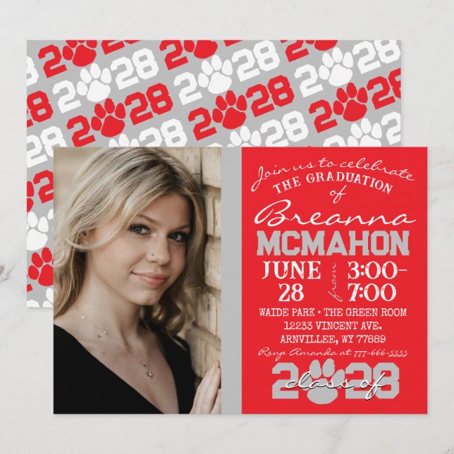Convites Foto de Graduação de Impressão de Cinzas Vermelhas (Frente/Verso)