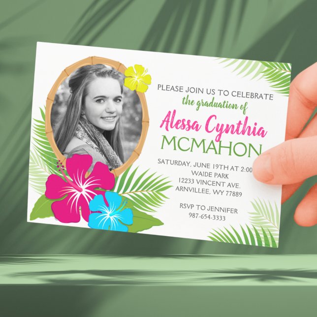 Convites Foto de Graduação de Luau Havaiano Elegante (Tropical Luau 1 Photo Graduation Invitations. Class Year on Back)