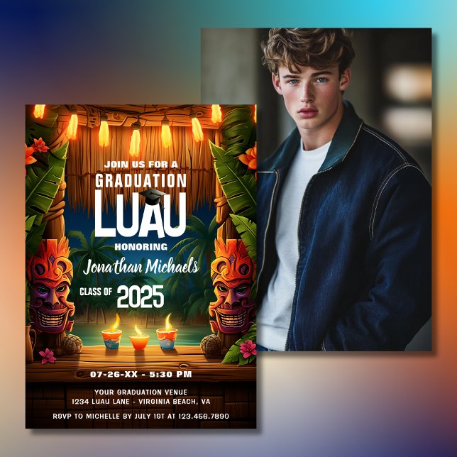 Convites Foto de Graduação de Luau Havaiano Tropical Tiki (Tropical Tiki Hawaiian Luau Graduation Photo Invitation)