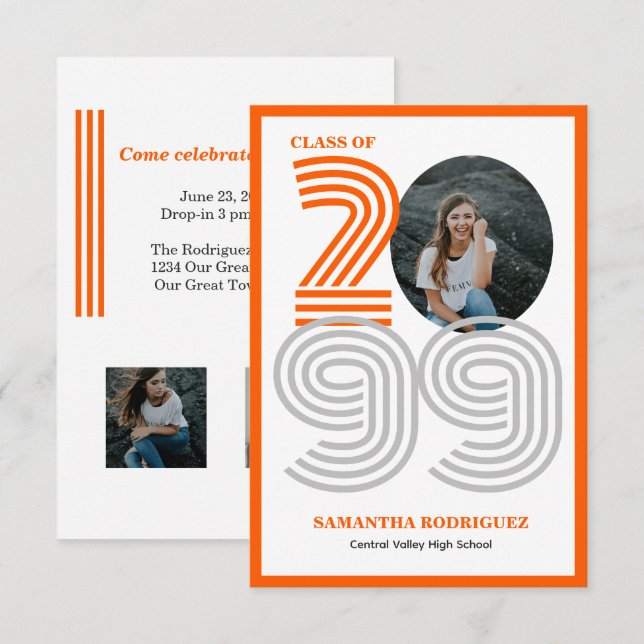 Convites Foto de Graduação de Números Grandes da Orange Ret (Frente/Verso)