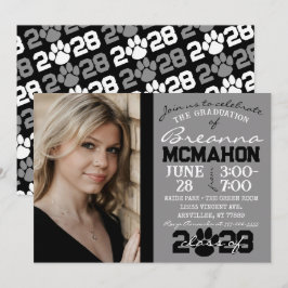 Convites Foto de Graduação de Pawprint cinza e Preto