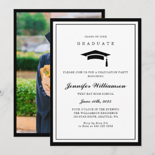 Convites Foto de Graduação de Script Branco e Preto Clássic