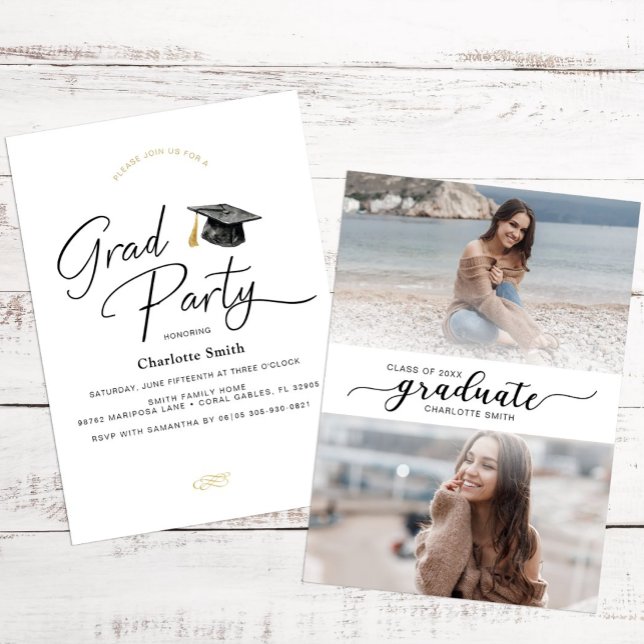 Convites Foto de Graduação de Script Branco e Preto Minimal (Graduation Party Invite)