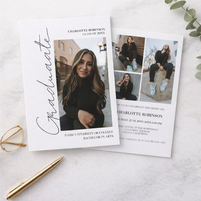 Convites Foto de graduação de script retro cinza (Criador carregado)