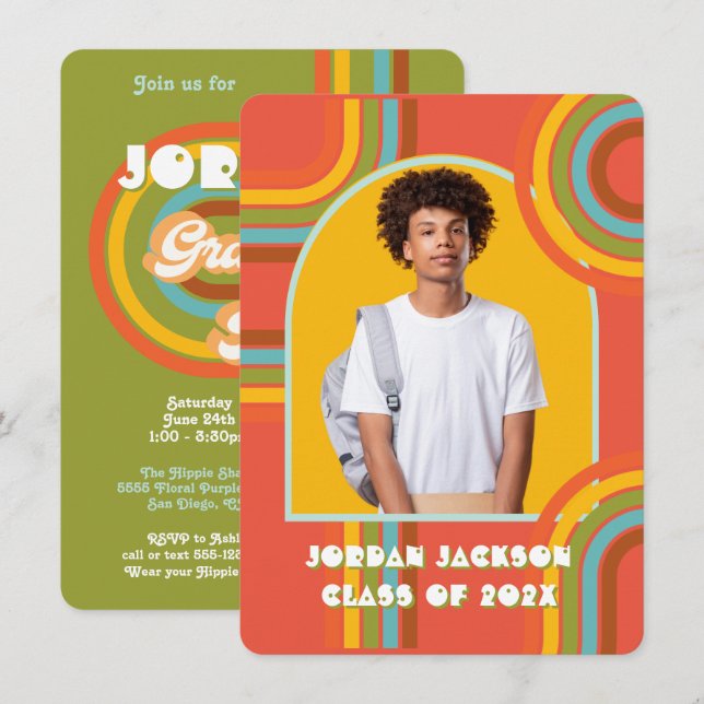 Convites Foto de graduação do Hippie 70's 60 (Frente/Verso)