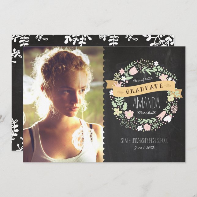 Convites Foto de Graduação do Quadro de Chalkings Rustic Bo (Frente/Verso)