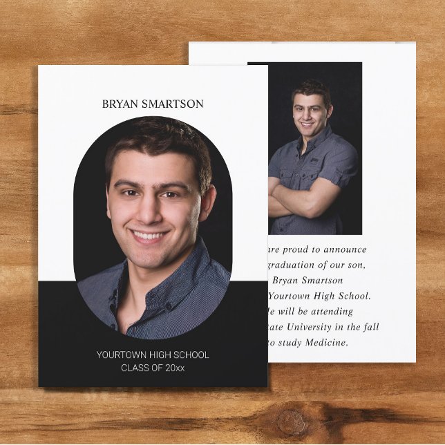 Convites Foto de Graduação em Branco Preto com Quadro Elega (Black and white 2-photo graduation announcement

)