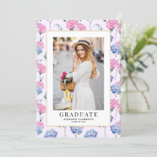 Convites Foto de Graduação Floral de Hydrangeas Cor-de-Rosa