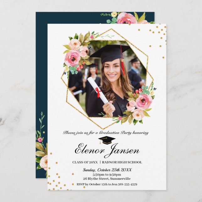 Convites Foto de Graduação Geométrica Dourada da Largura Fl (Frente/Verso)