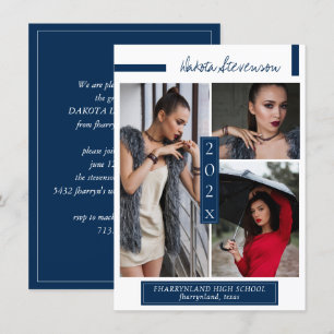 Convites Foto de graduação mínima de azul e branco do Marin