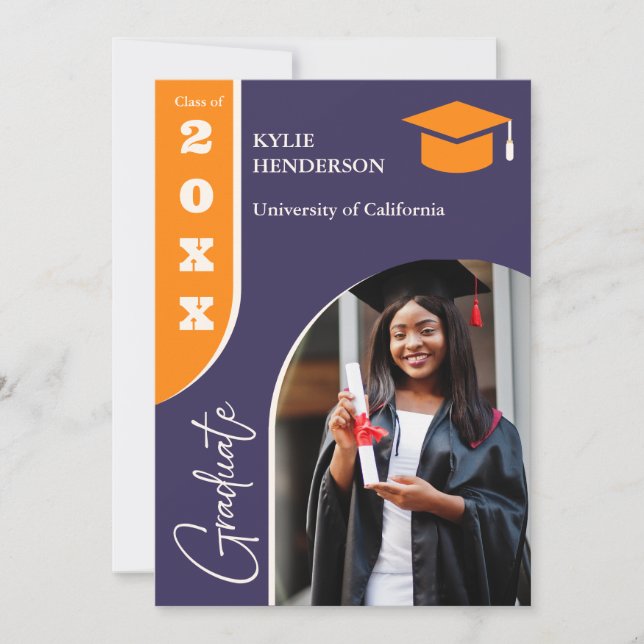 Convites Foto de Graduação Moderna Púrpura Laranja (Frente)