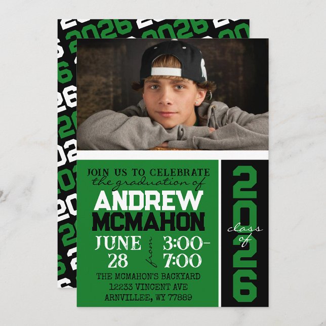 Convites Foto de Graduação Moderna Verde e Preto (Criador carregado)