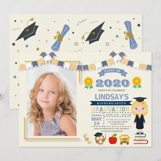 Convites Foto de Graduação na Escola para Crianças (Frente/Verso)