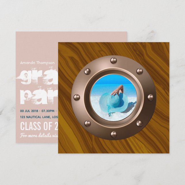 Convites Foto de Graduação Náutica Rosa Dourada e Esmagada  (Frente/Verso)