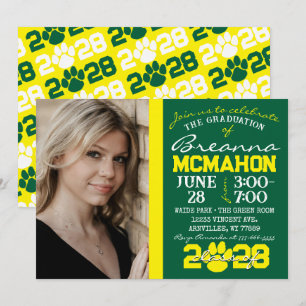 Convites Foto de Graduação Pawprint Verde e Amarelo