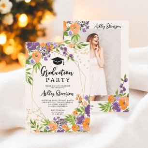 Convites Foto de Graduação por Aquarela Floral Boho Purple