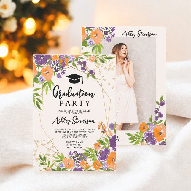 Convites Foto de Graduação por Aquarela Floral Boho Purple (Boho Purple Floral Watercolor Graduation Photo Invitation)