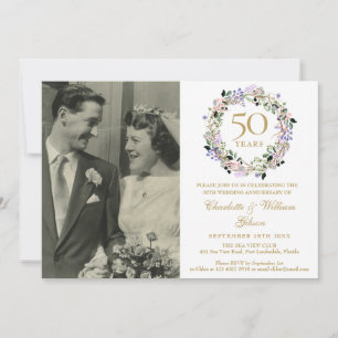 Convites Foto de Grinalda Floral para Bodas de Ouro 50 Anos