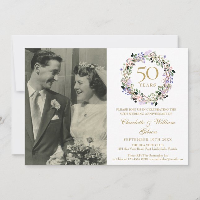 Convites Foto de Grinalda Floral para Bodas de Ouro 50 Anos (Frente)