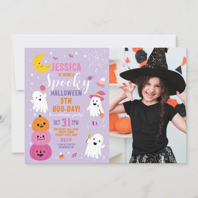 Convites Foto de Halloween Roxo Birthday Pumpkins Ghost (Frente)