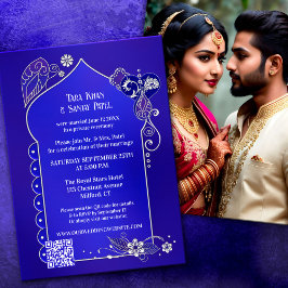 Convites Foto de Henna de Silver Azul Indigo Após Casamento