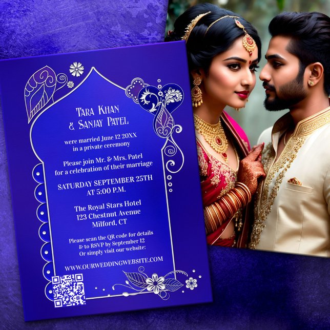 Convites Foto de Henna de Silver Azul Indigo Após Casamento (Criador carregado)