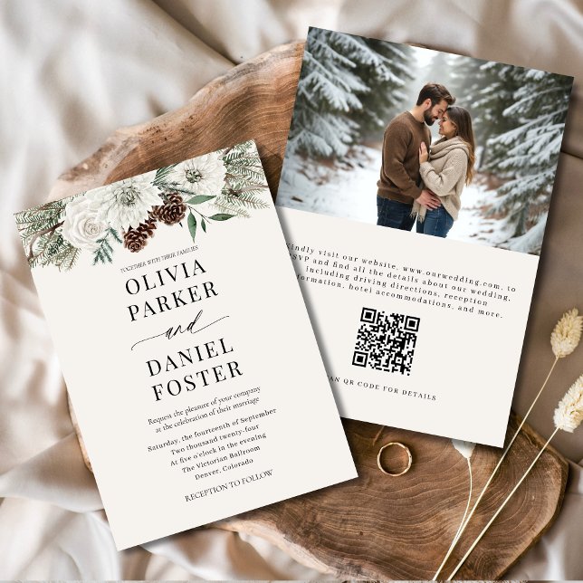 Convites Foto de inverno Código QR Elegante Casamento Everg (Criador carregado)
